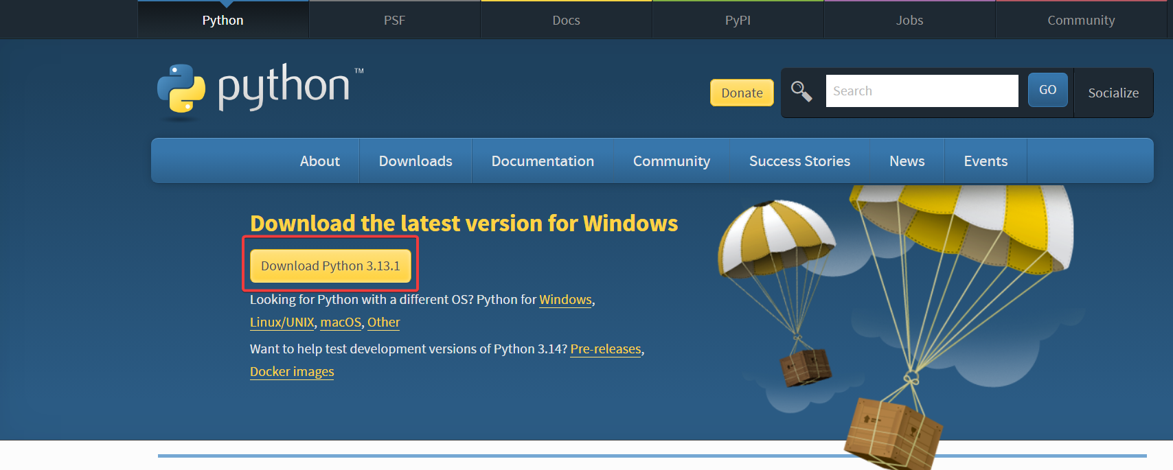 Python's official download page showing the Download Python button