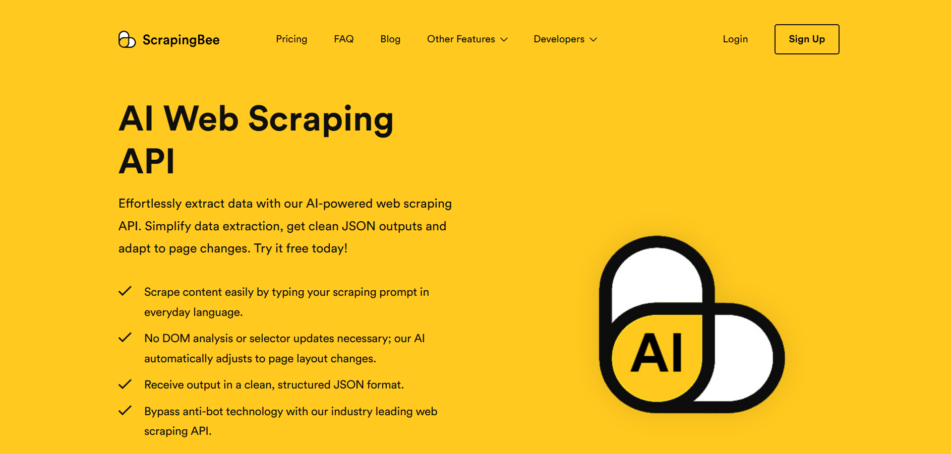 ScrapingBee AI Web Scraping API landing page highlighting key features like natural language prompts and structured JSON output