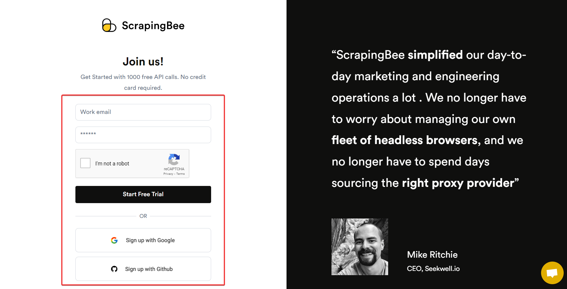 ScrapingBee signup form offering 1000 free API calls with no credit card required, alongside a testimonial from the CEO of Seekwell.io