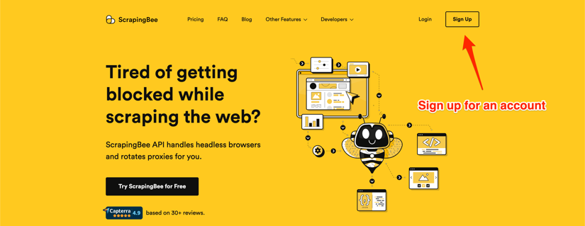 ScrapingBee's landing page showing the sign up button, and their solution for web scraping with proxy rotation and headless browser management