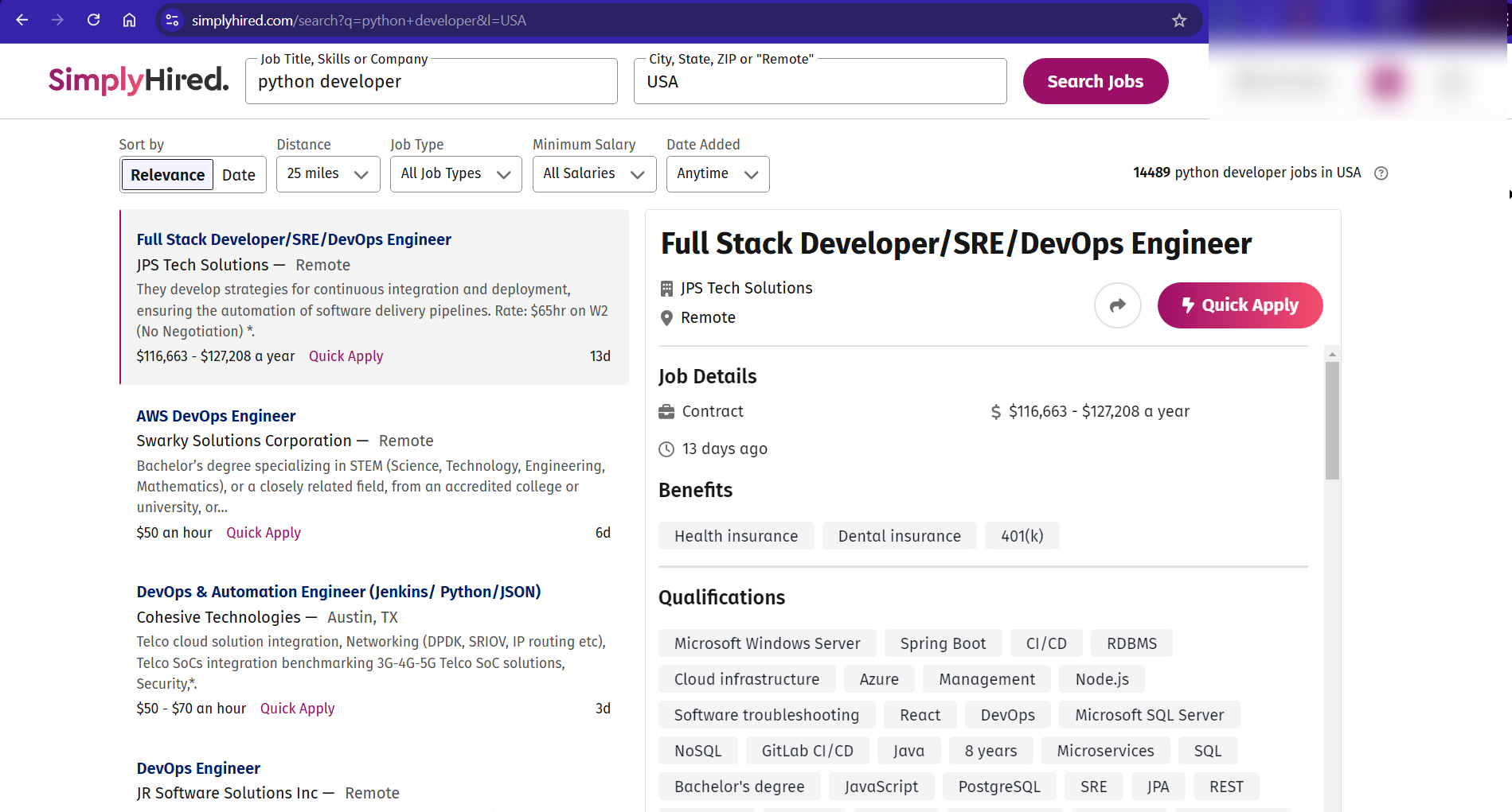 SimplyHired job search homepage results showing Python developer positions with salary ranges and job details