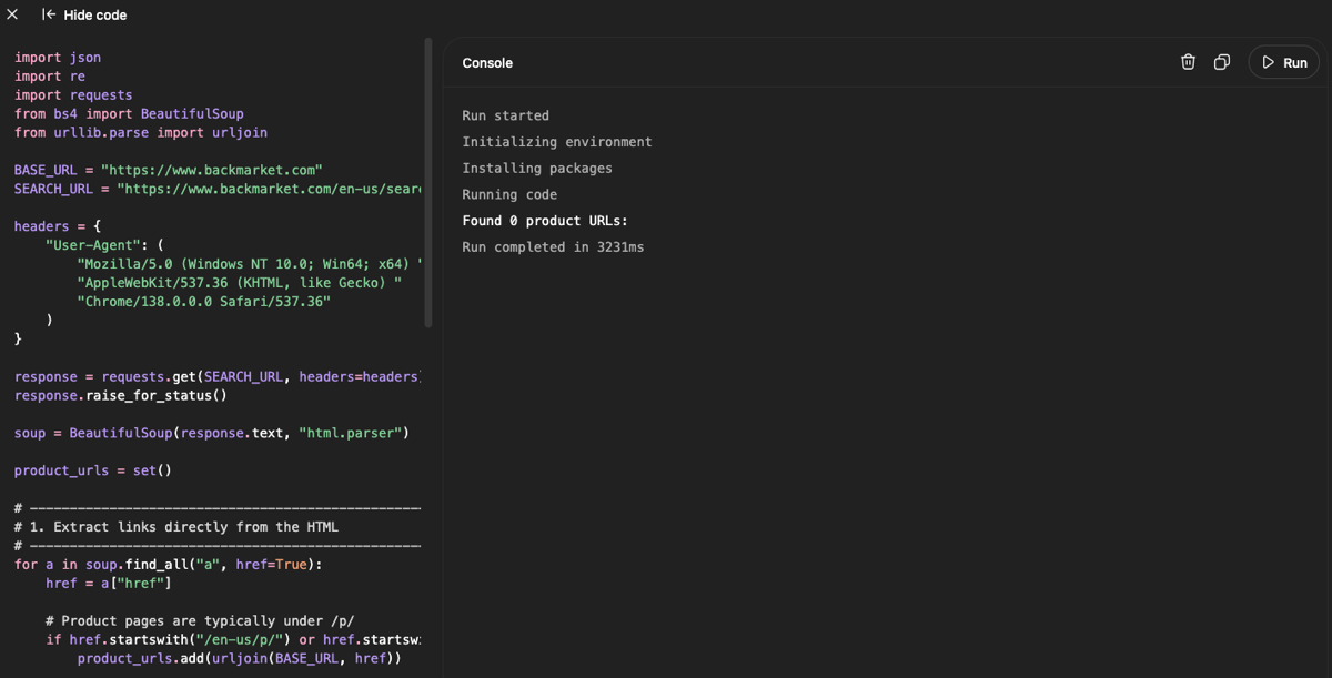 ChatGPT web scraping from the chat window, with the Python code on one side and the console results on the other. The code didn't work
