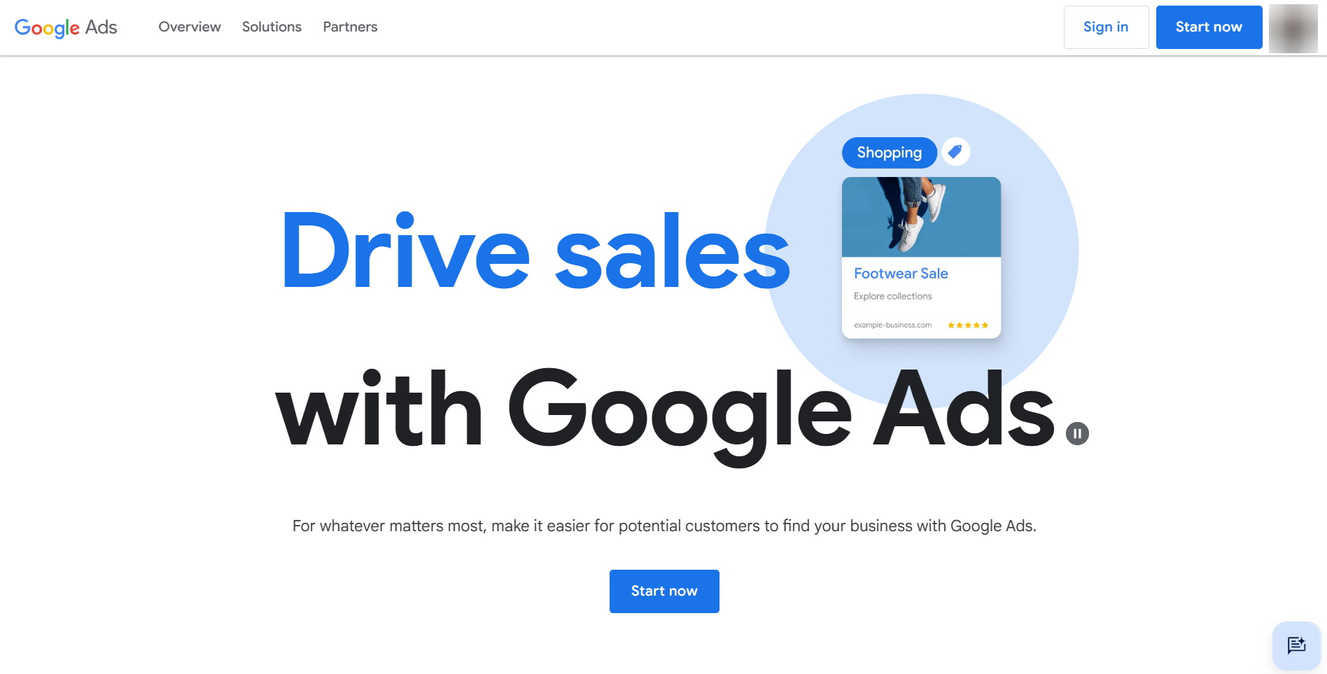 Google Ads homepage featuring a shopping ad example for footwear with 'Drive sales with Google Ads' headline