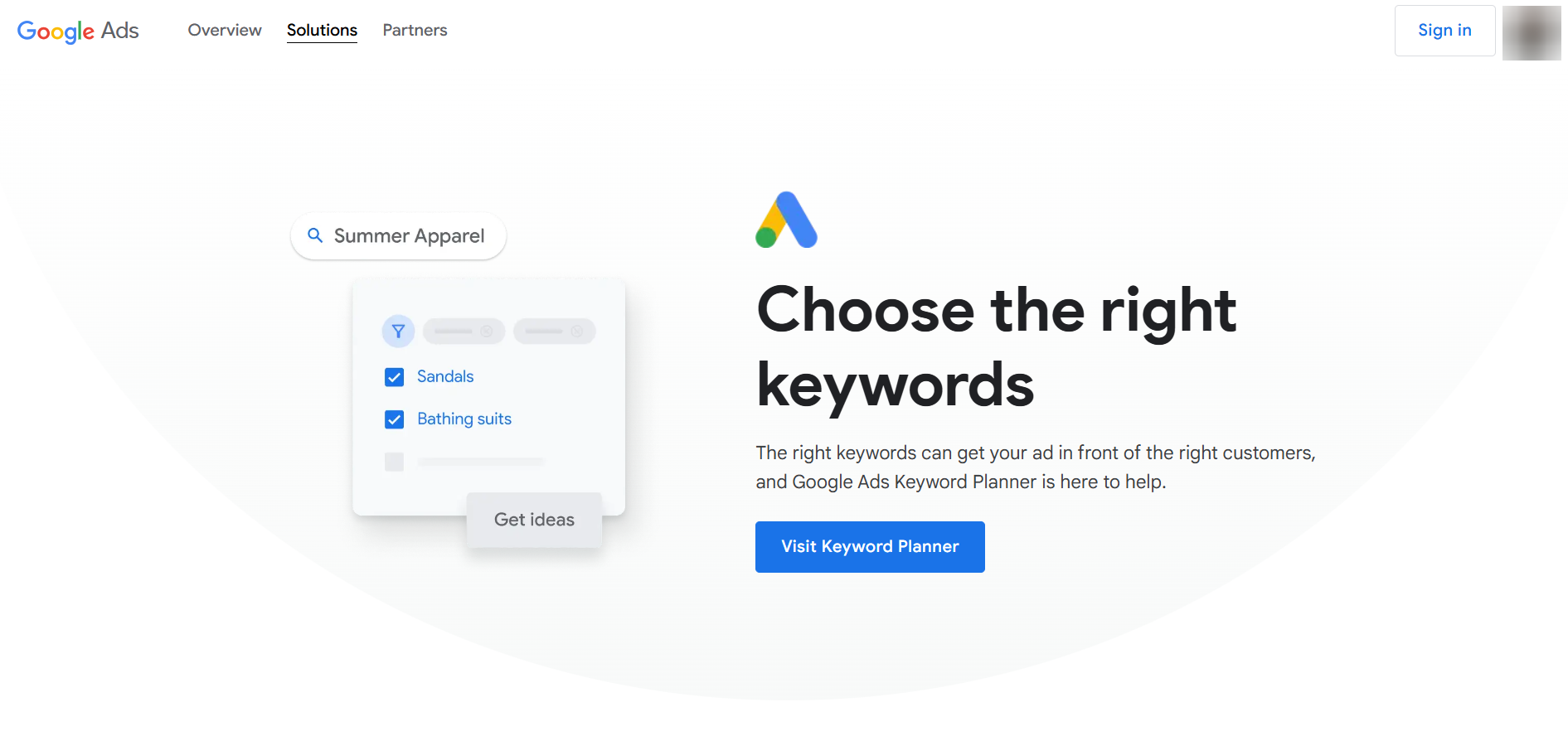 Google Ads Keyword Planner home interface showing summer apparel keyword suggestions including sandals and bathing suits