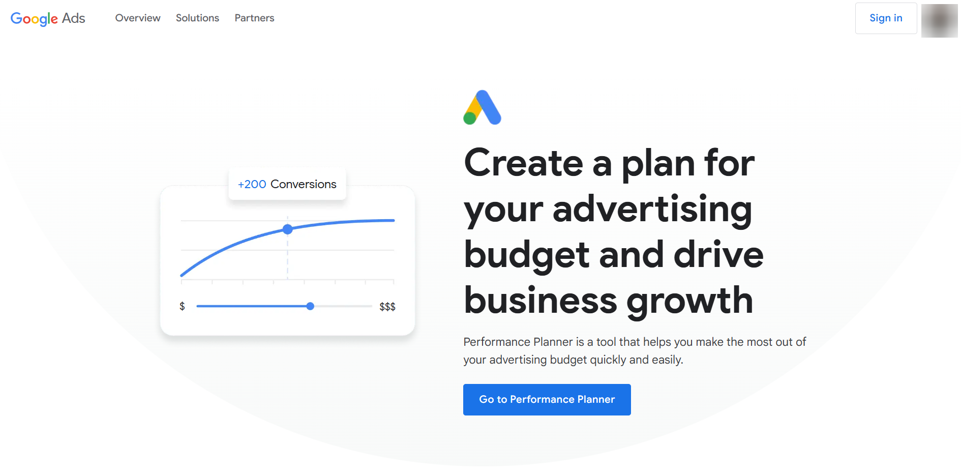 Google Ads Performance Planner home interface displaying a conversion growth chart with a +200 conversions indicator