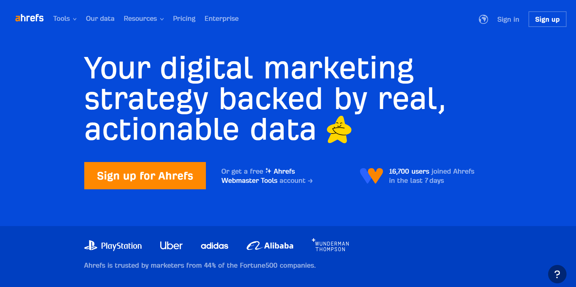 Ahrefs homepage with 'Your digital marketing strategy backed by real, actionable data' headline and Fortune 500 client logos