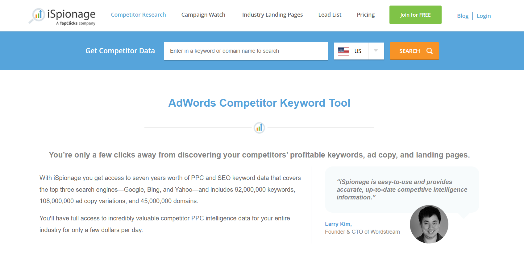 iSpionage competitor analysis tool homepage showcasing their AdWords keyword research capabilities and testimonial from Wordstream founder