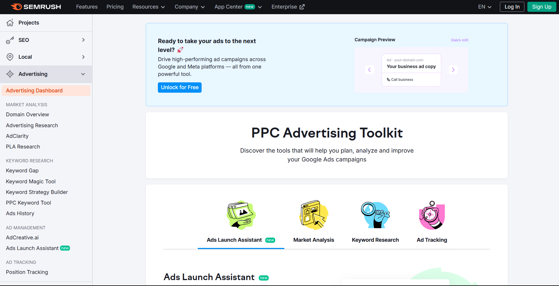 Semrush PPC Advertising Toolkit home interface showing Ads Launch Assistant, Market Analysis, Keyword Research, and Ad Tracking features