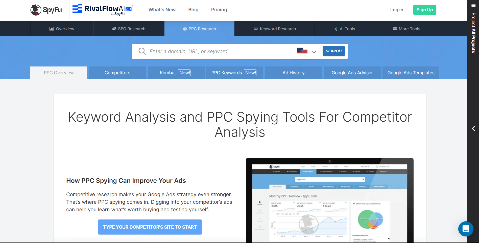 SpyFu competitor analysis platform displaying PPC research interface with keyword analysis and competitor spying tools dashboard