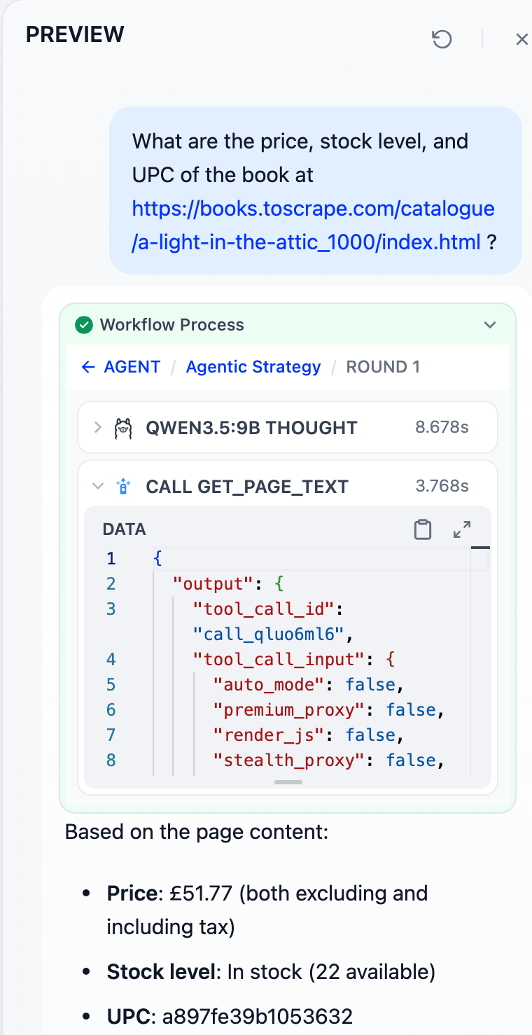 Dify Preview with the test question, Workflow Process expanded to Agent, Agentic Strategy, ROUND 1, and CALL GET_PAGE_TEXT with tool_call_input showing auto_mode false, premium_proxy false, render_js false, and stealth_proxy false, followed by the answer with price £51.77, stock In stock (22 available), and UPC a897fe39b1053632