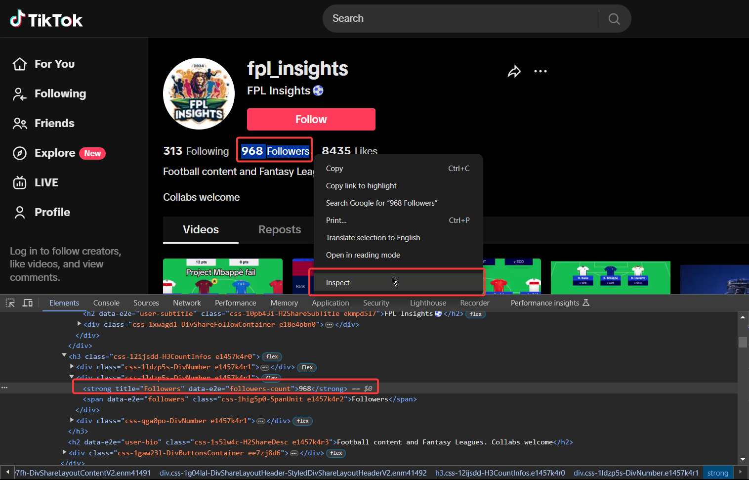 Developer Tools window showing the HTML structure of the TikTok followers count element.