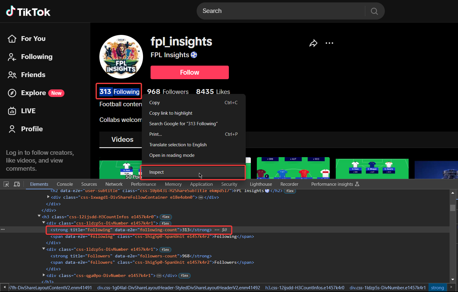 Developer Tools window showing the HTML structure of the TikTok following count element.