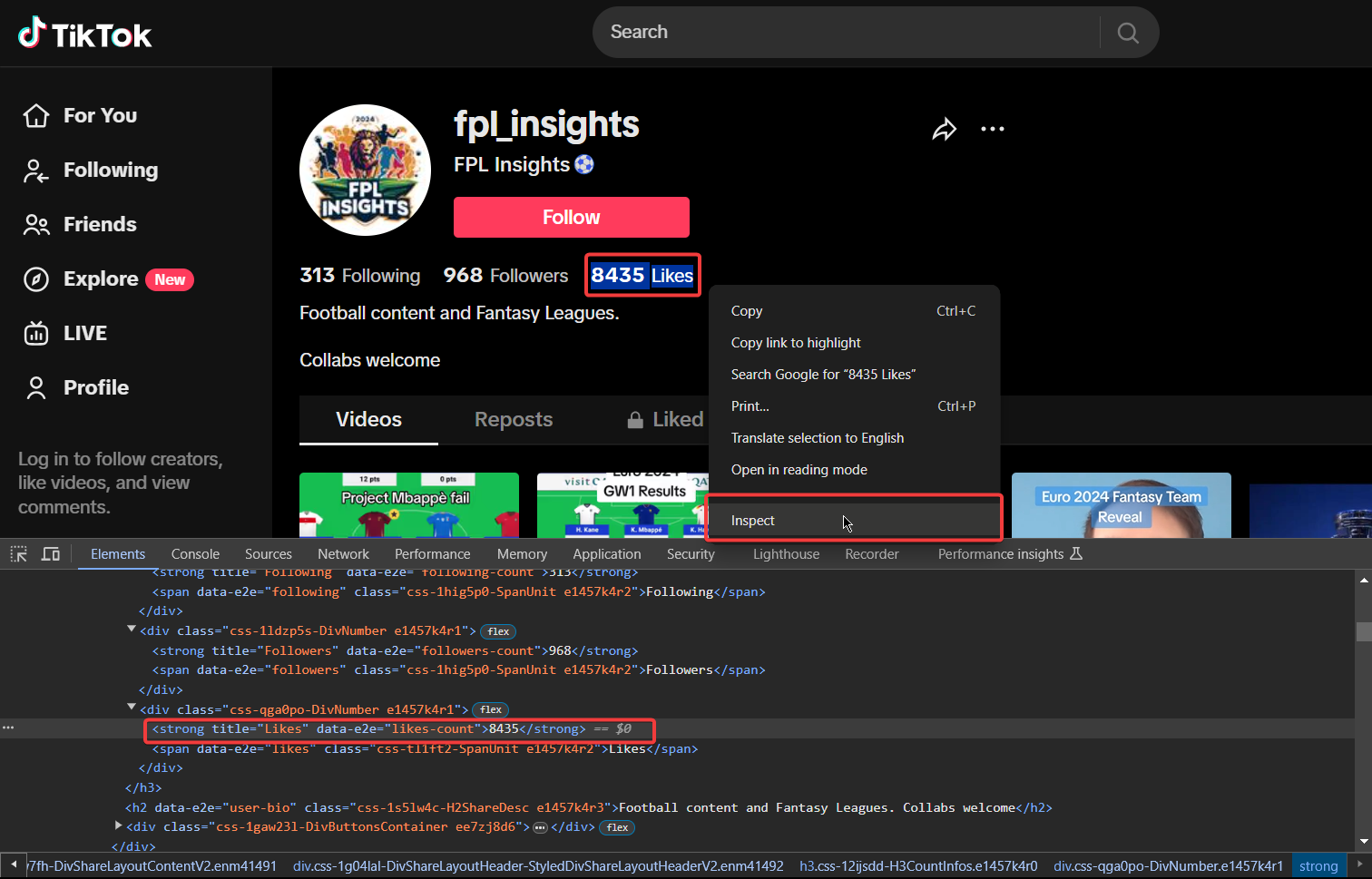 Developer Tools window showing the HTML structure of the TikTok likes count element.