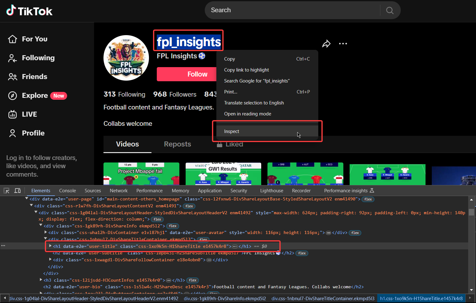 Developer Tools window showing the HTML structure of the TikTok username element.