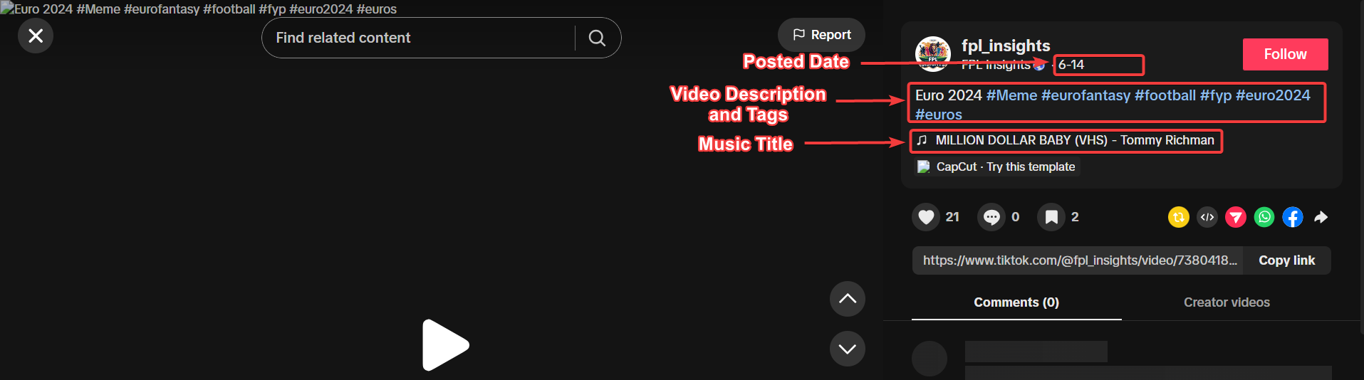 Annotated TikTok profile video page highlighting the locations of video description and tags, posted date, and music title