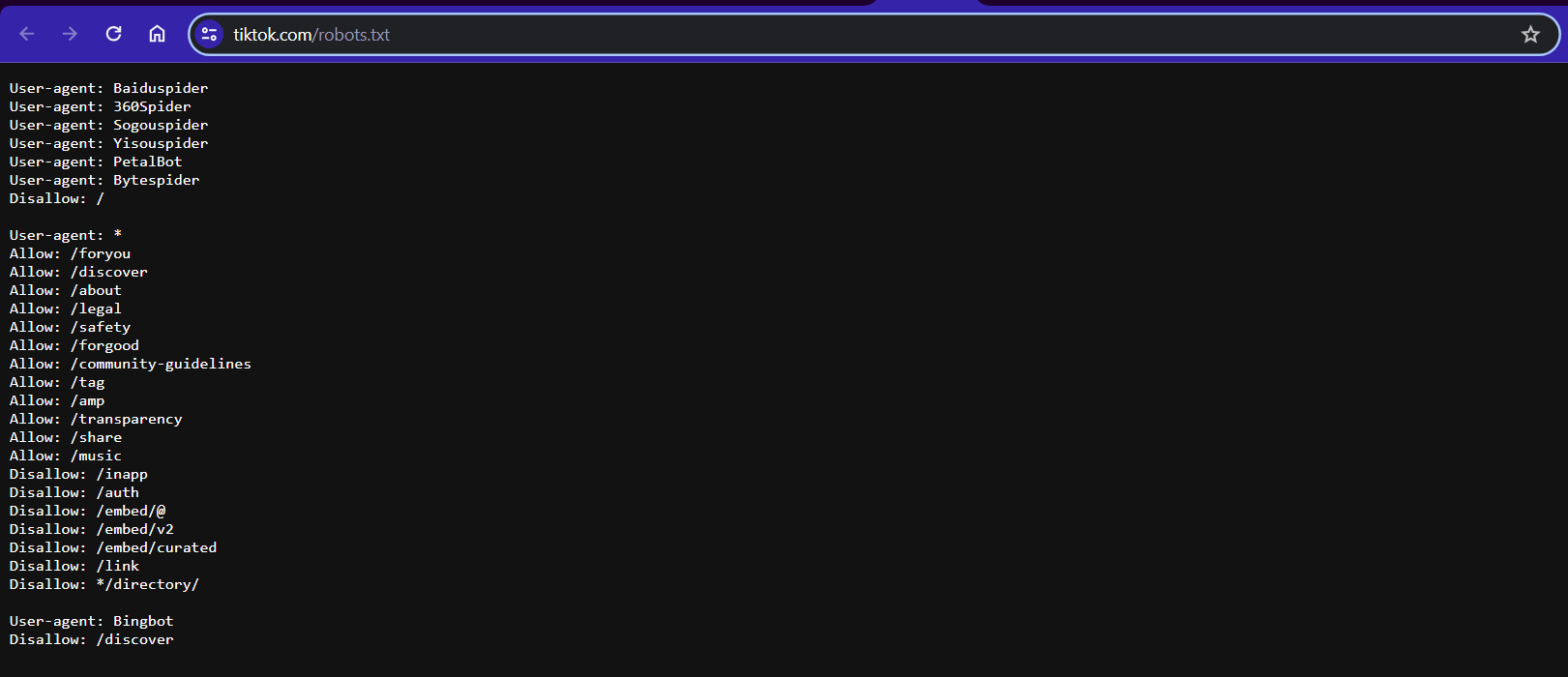 Viewing TikTok's robots txt file