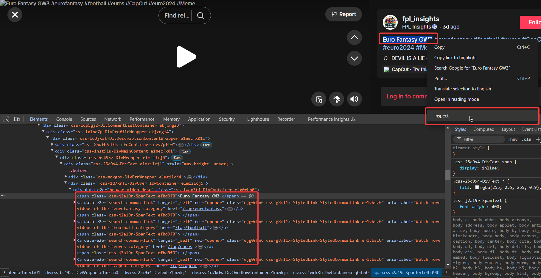 Developer Tools window highlighting the HTML element for TikTok video video description and tags.