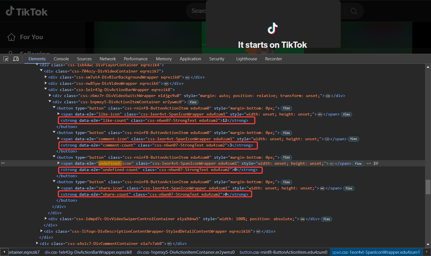 Developer Tools window highlighting the HTML elements for TikTok video likes, comments, shares, and bookmarks counts..