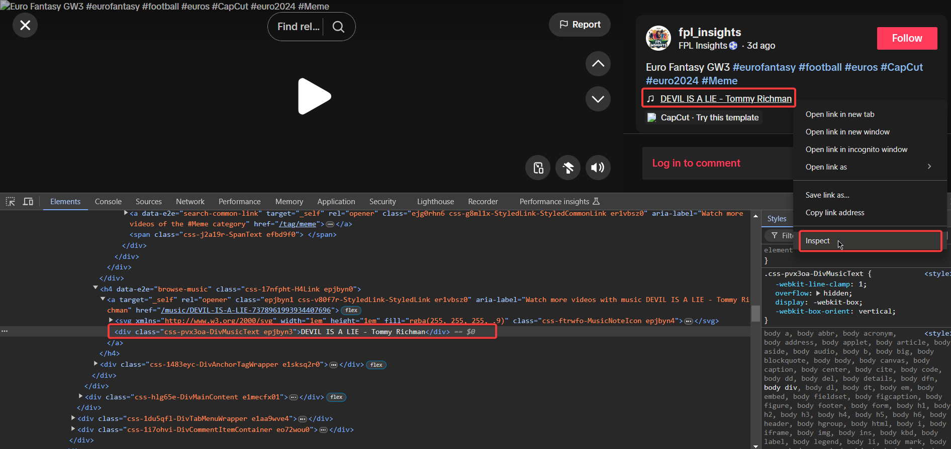 Developer Tools window highlighting the HTML element for TikTok video music title.