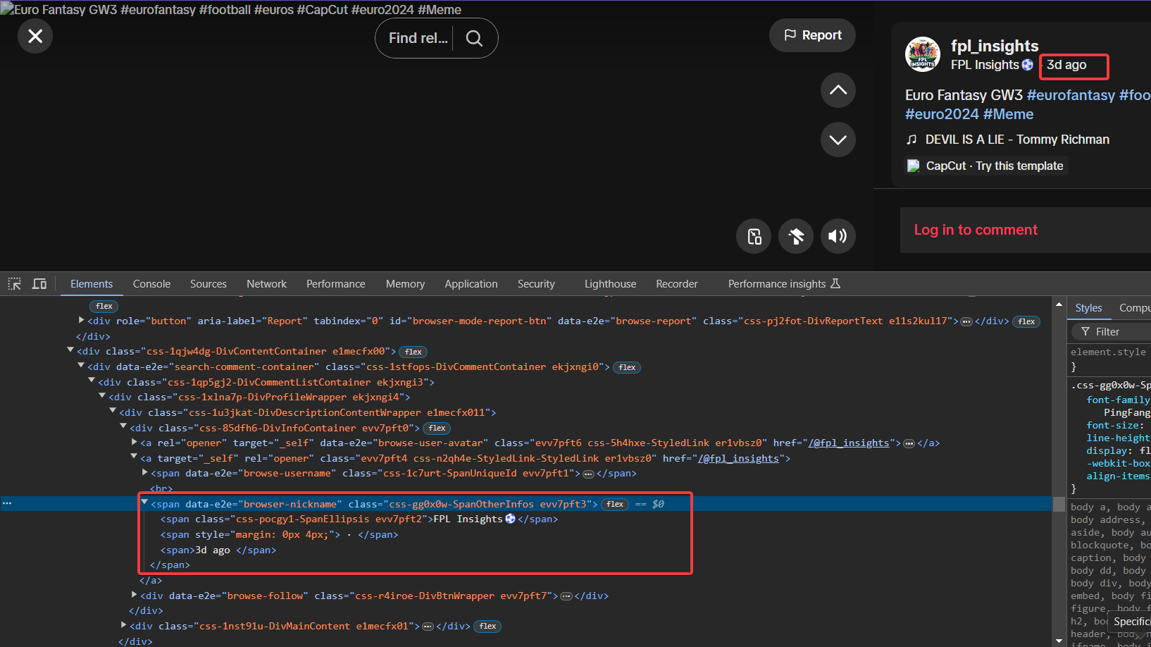 Developer Tools window highlighting the HTML element for TikTok video posted date.