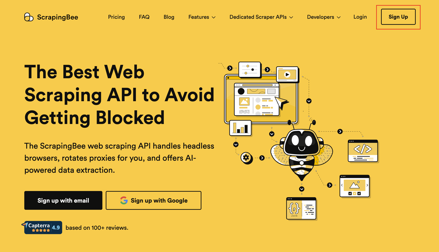 ScrapingBee homepage showing the Sign up button