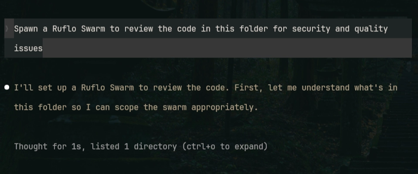Claude Code receiving the prompt to spawn a Ruflo swarm to review a folder for security and quality issues