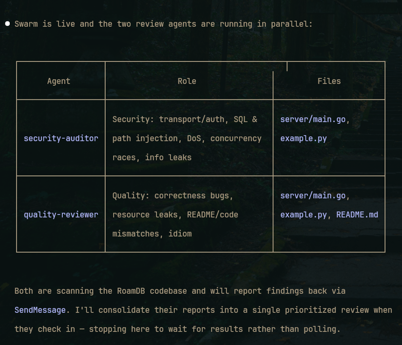 Ruflo swarm running a security-auditor and a quality-reviewer agent in parallel over the same codebase