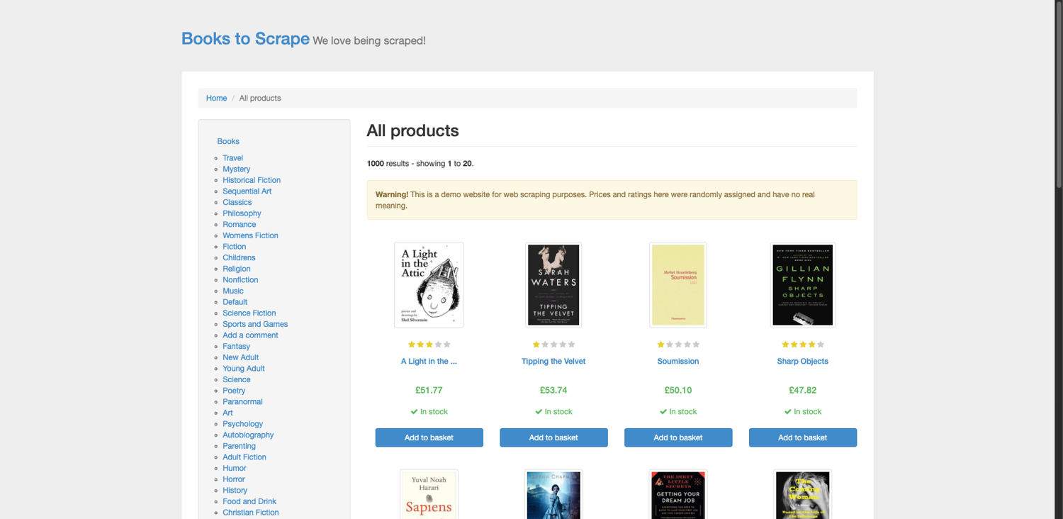 Full desktop screenshot of books.toscrape.com at 1920x1080