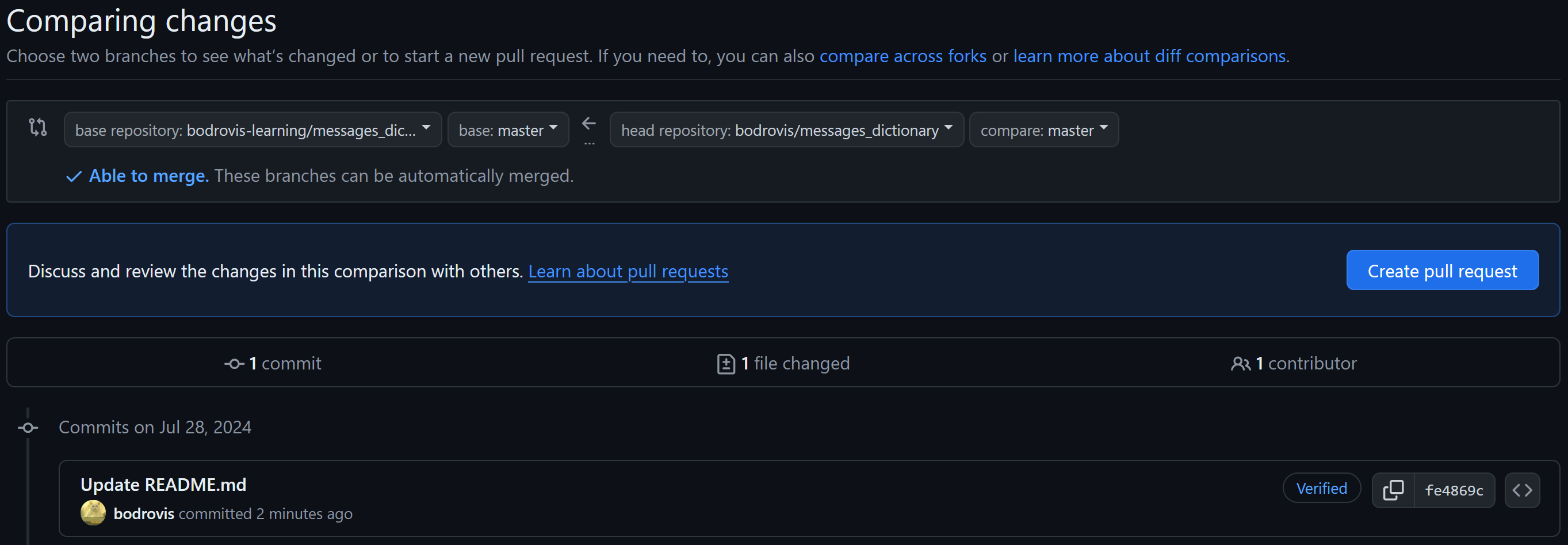 Comparing branches for pull request on GitHub