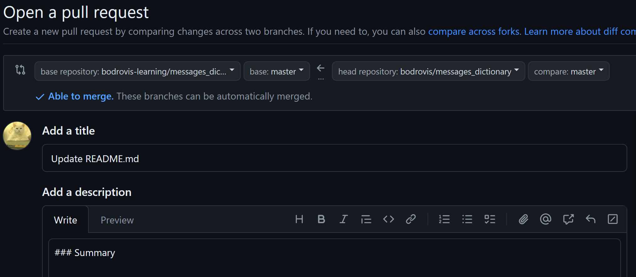 Creating a pull request on GitHub