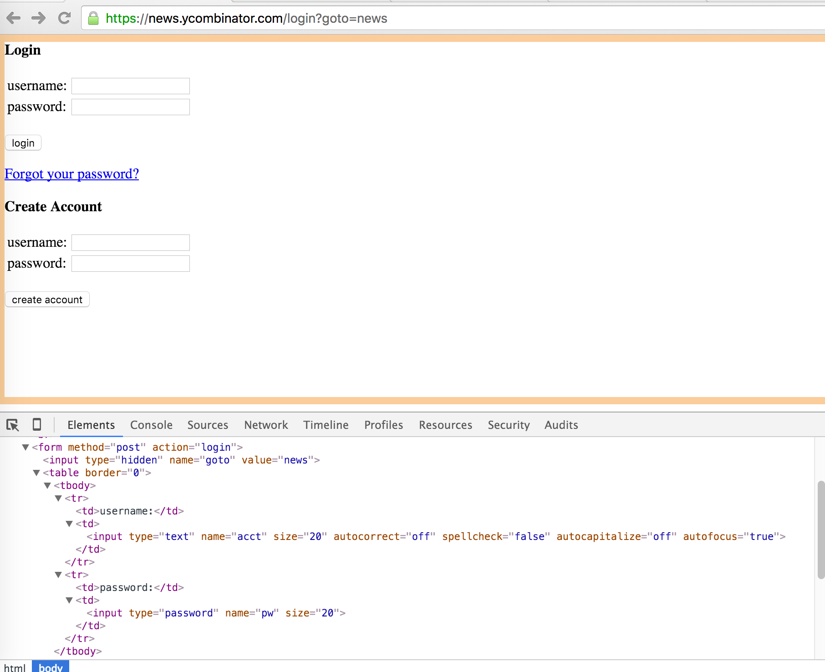 Using developer tools to inspect the input fields of Hacker News login form