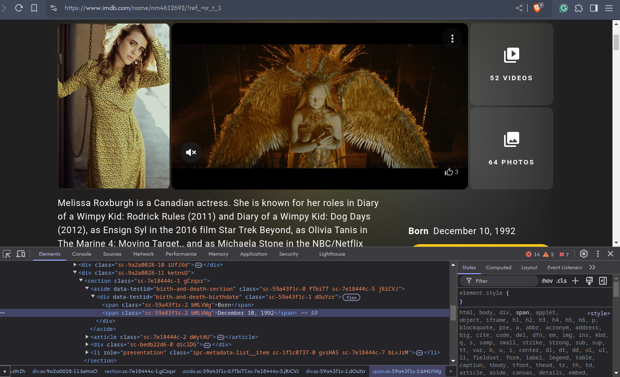 IMDb HTML showing actor birthdate