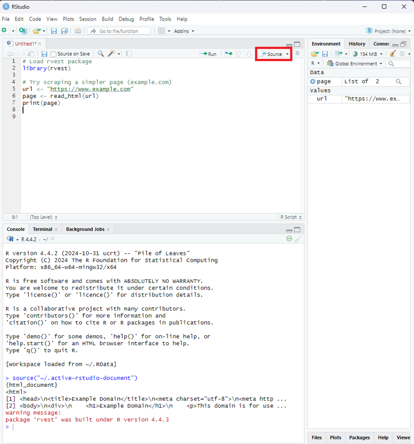 Screenshot of RStudio running a scraper.
