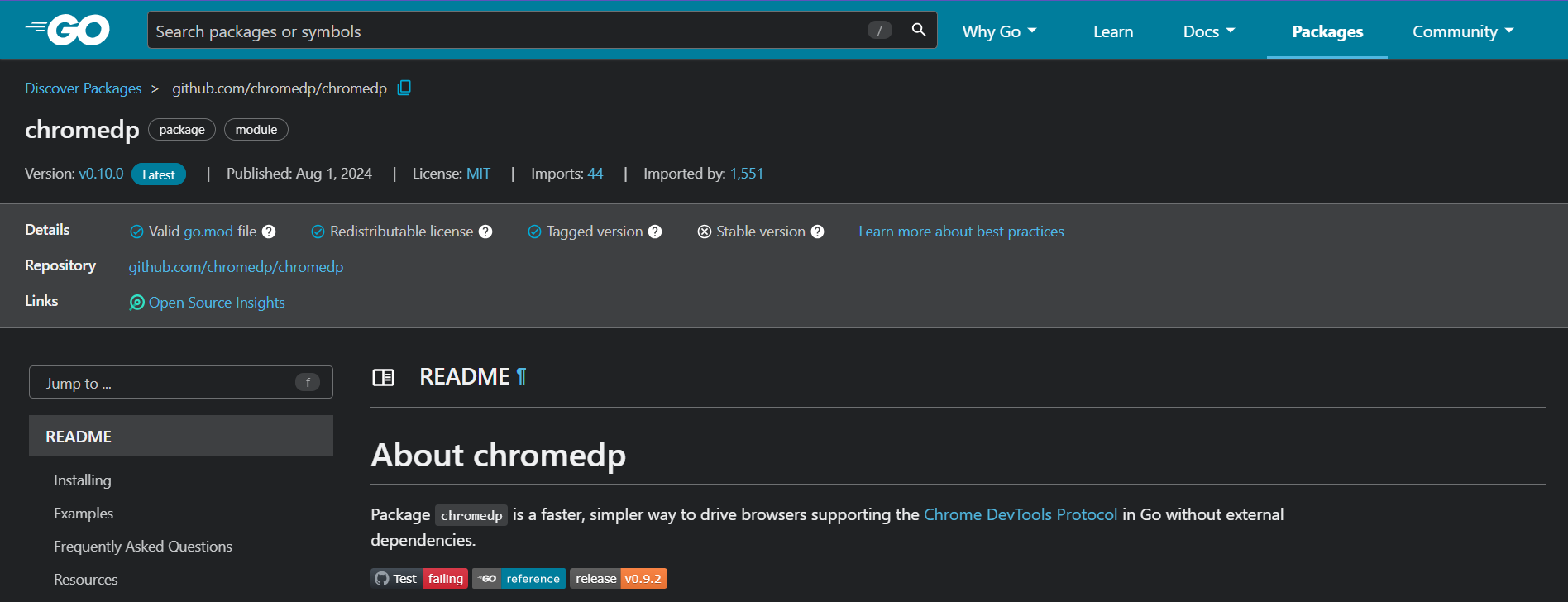 Screenshot of chromedp's repository page showing necessary information and links