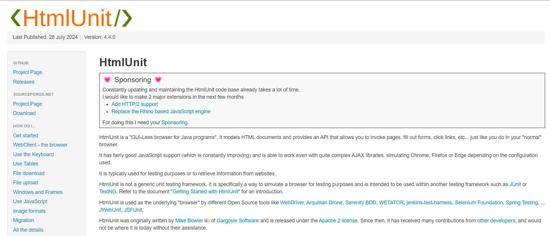 Screenshot of HtmlUnit's official website homepage showing various information and links