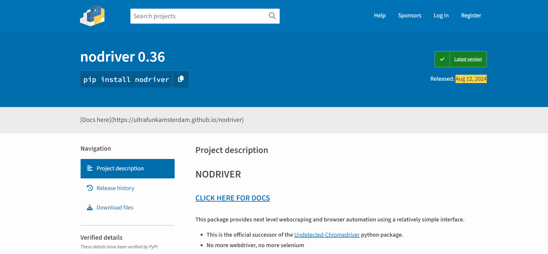 Screenshot of Nodriver's official project page on Python Package Index