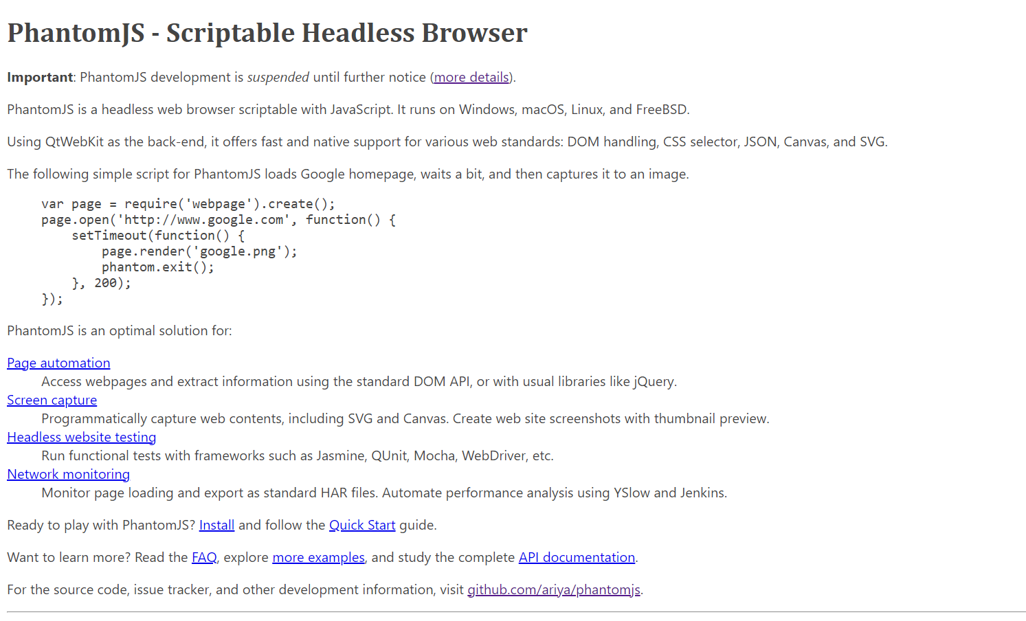 Screenshot of PhantomJS's official website homepage showing various details and links