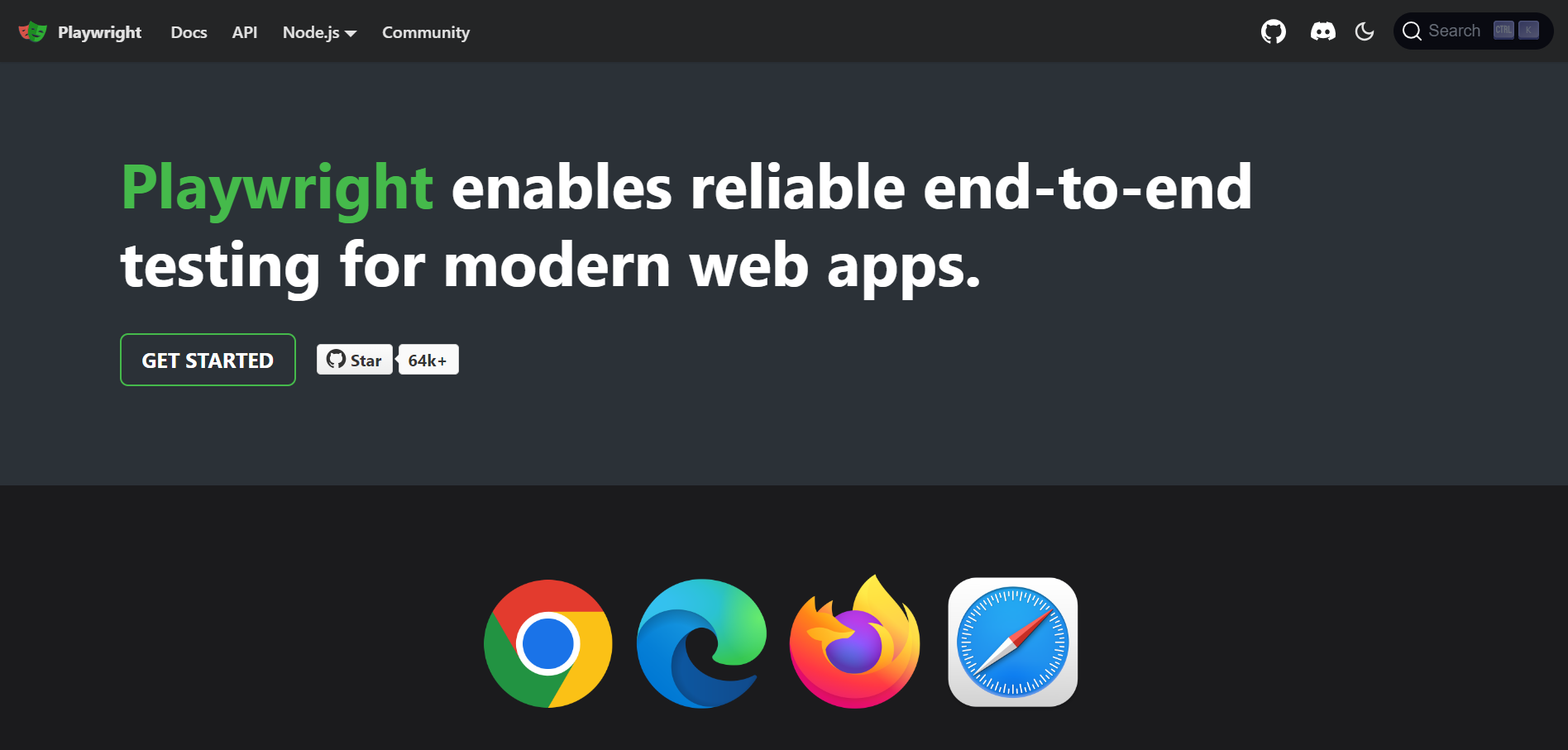 Screenshot of Playwright's official website homepage showing cross-browser support for Chrome, Edge, Firefox and Safari