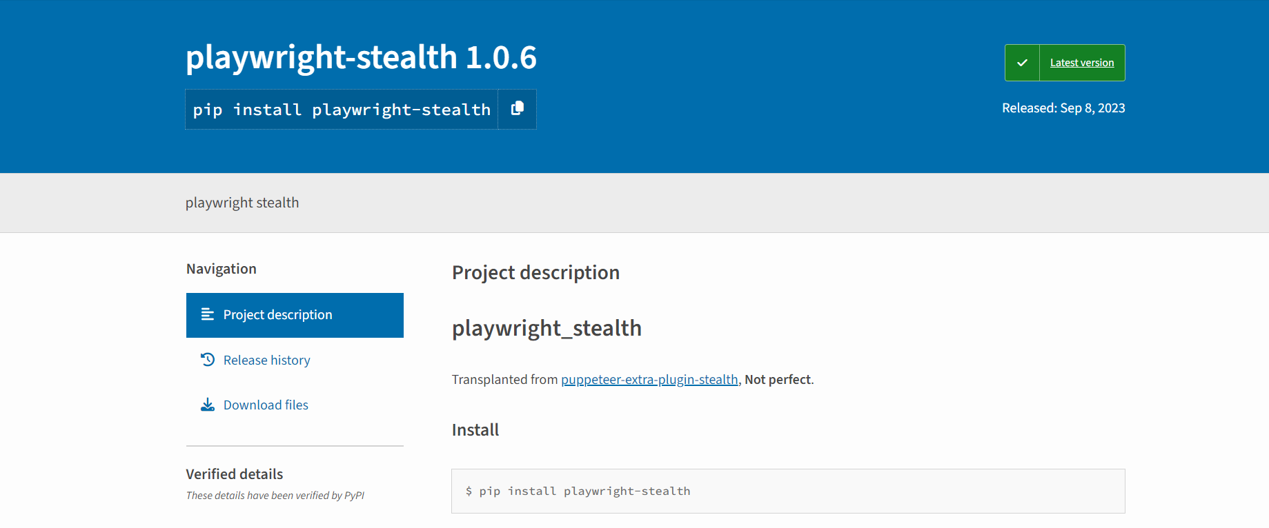 Screenshot of Playwright-Stealth's official project page on Python Package Index