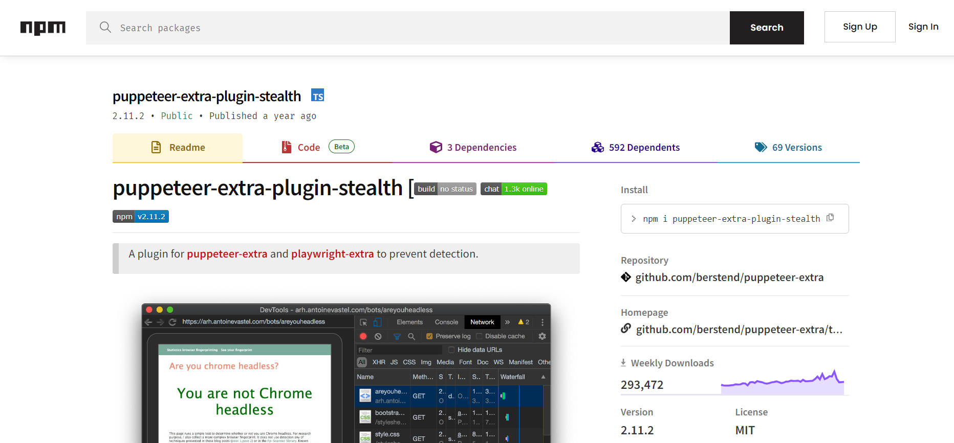 Screenshot of Puppeteer-Stealth's package page on npmjs