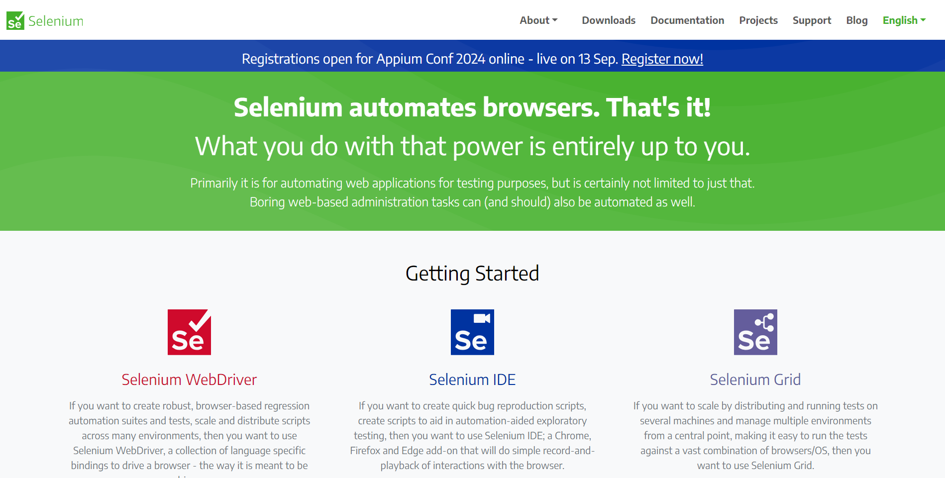 Screenshot of Selenium's official website homepage showing the Selenium WebDriver, IDE and Grid links to get started