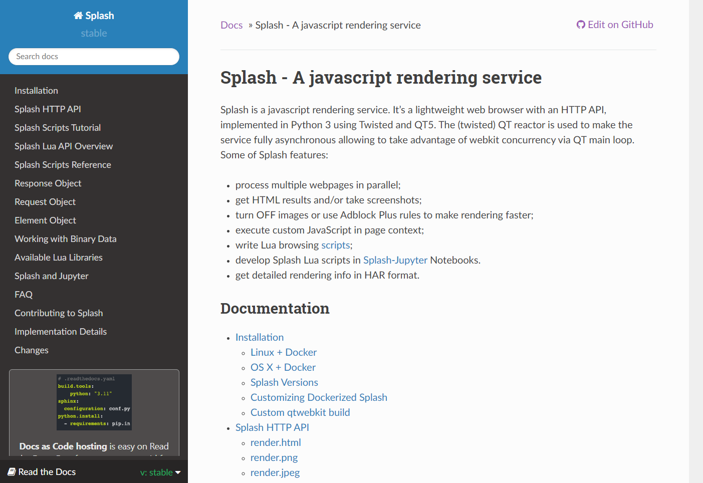 Screenshot of Splash's documentation page on ReadTheDocs showing the documentation links