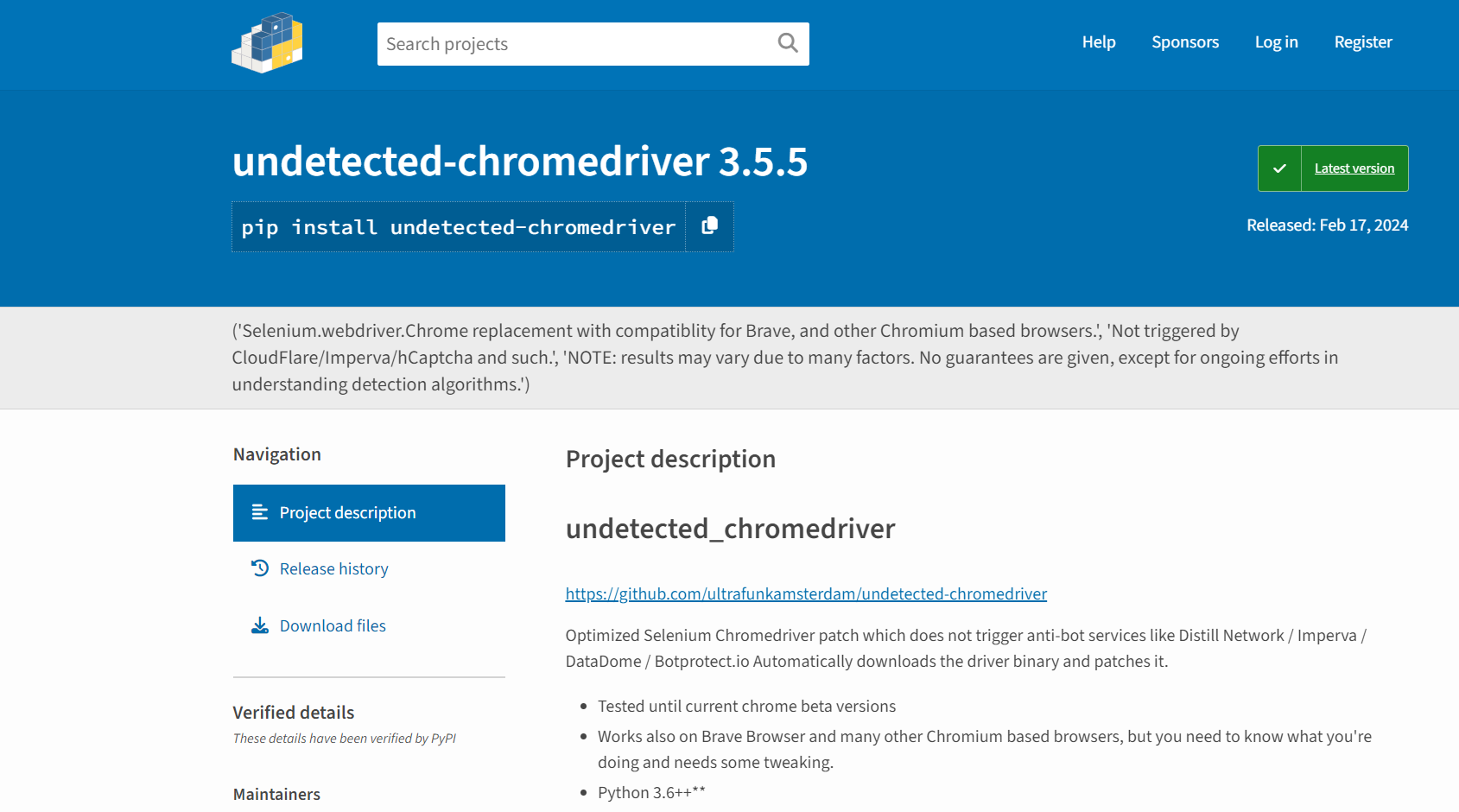 Screenshot of undetected_chromedriver's official project page on Python Package Index