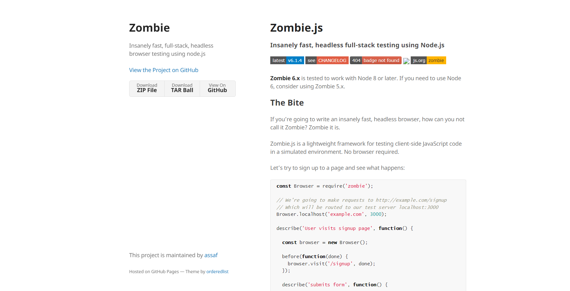 Screenshot of ZombieJS's official website homepage showing installation links and details