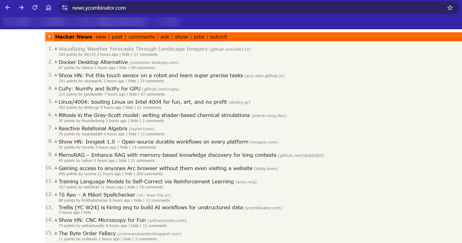 Screenshot of Hacker News homepage showing the latest news