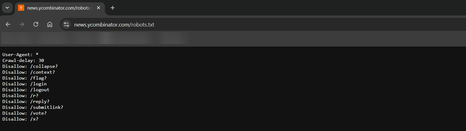 Screenshot of Hacker News robots.txt file
