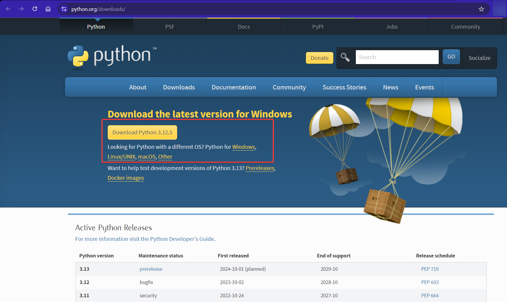 Screenshot of Python's official download page featuring various versions