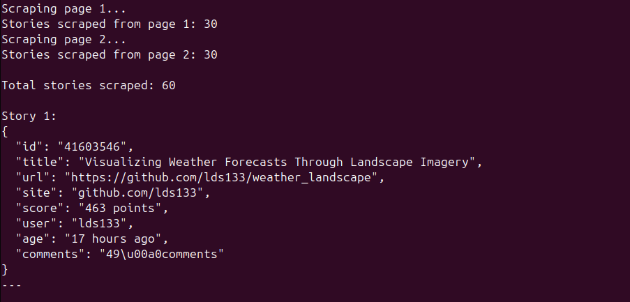 Terminal output showing the Hacker News homepage information including the story title, URL, site, score, user and age